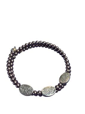 Brown Beaded Memory Wire Bracelet Silvertone Leaf Beads Heart Love Charm